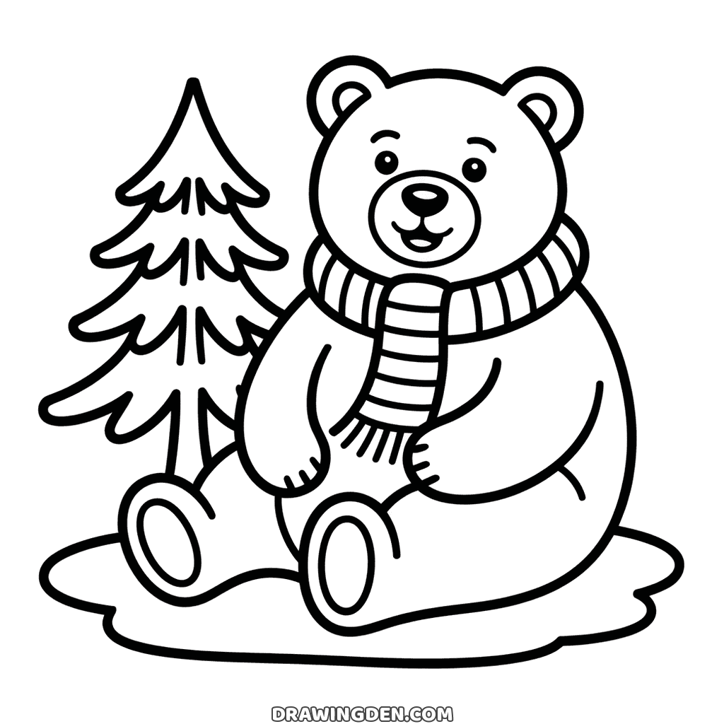 Smiling bear sitting in the snow in a striped winter scarf, a pine tree beside it