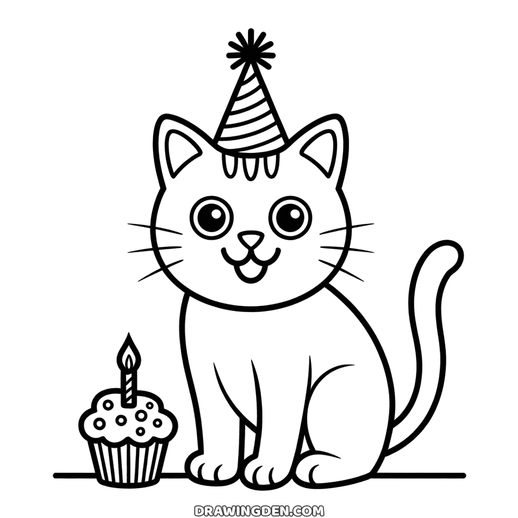 Birthday cat drawing sitting in a pointed party hat beside a cupcake with one lit candle on top