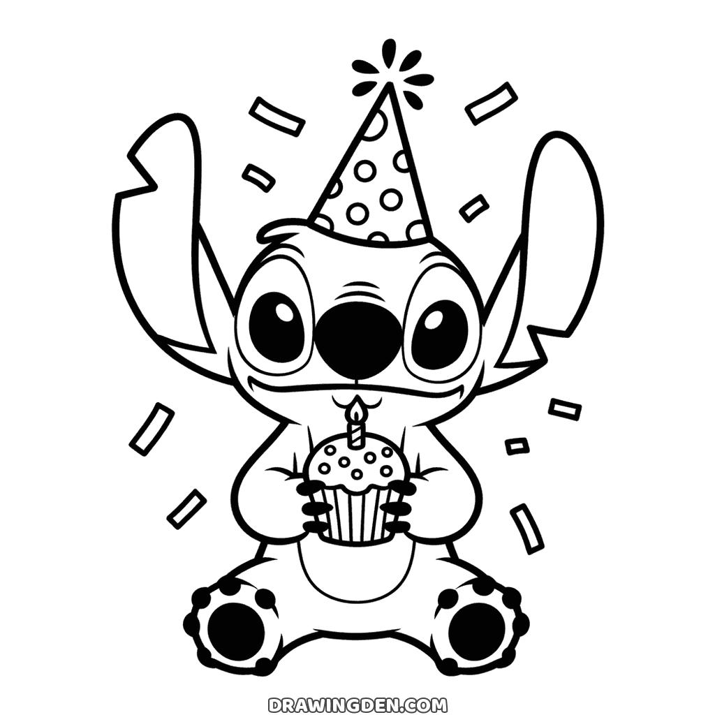 Birthday Stitch in a dotted party hat, holding a cupcake with a single candle while confetti falls around him