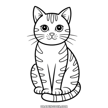 Realistic striped tabby cat drawing for older children, markings bending down the back, the flanks and the whole tail