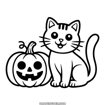 Black cat and halloween pumpkin coloring page: a cat sitting upright with long whiskers and a curled tail, a carved jack-o'-lantern in front