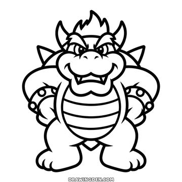 Bowser, the Mario villain and king of the Koopas, facing forward with horns, spiked shell, spiked cuffs and a sly toothy grin