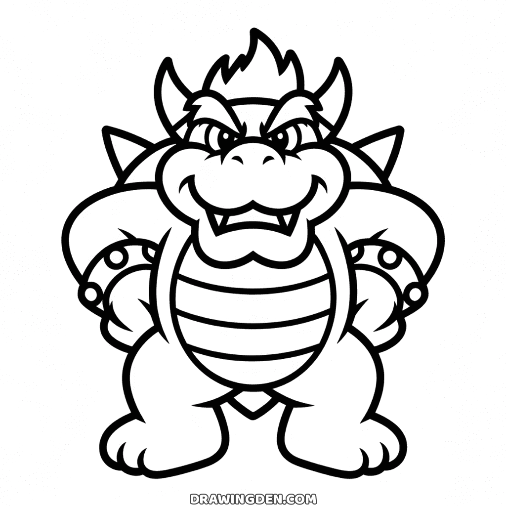 Bowser, the Mario villain and king of the Koopas, facing forward with horns, spiked shell, spiked cuffs and a sly toothy grin
