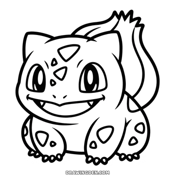 Bulbasaur drawing sitting front on with the bulb on its back and spots across the body, Pokémon page to print