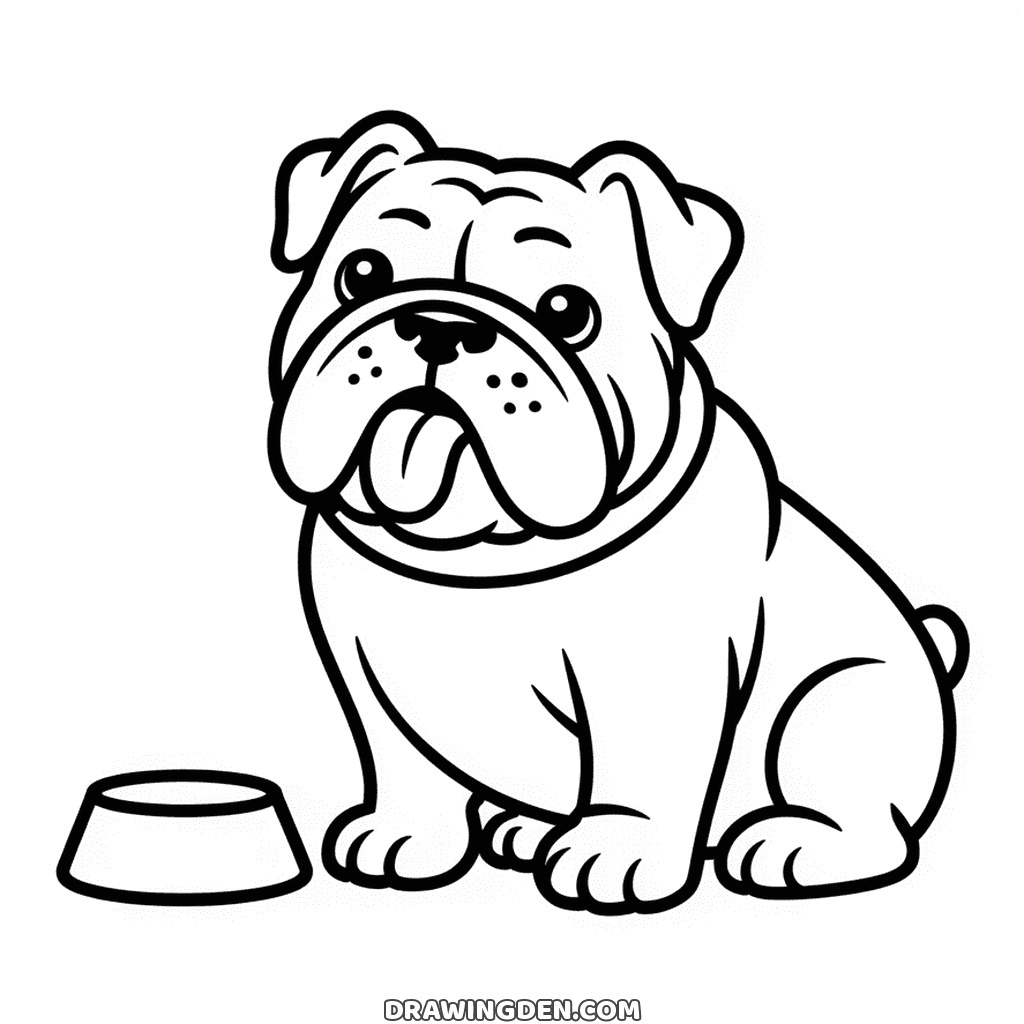 Bulldog drawing, a dog sitting square with a wrinkled face and heavy jaw, an empty bowl on the ground
