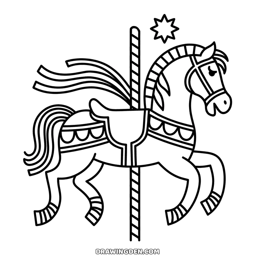 Carousel horse drawing on a striped pole with a decorated saddle and a star on top, fairground page to print