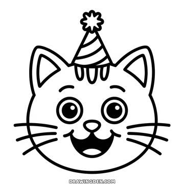 Cute cat face with a party hat on one ear and a wide grin, easy drawing to print for kids