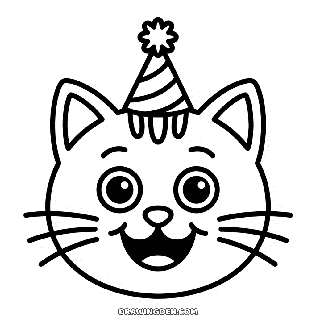 Cute cat face with a party hat on one ear and a wide grin, easy drawing to print for kids