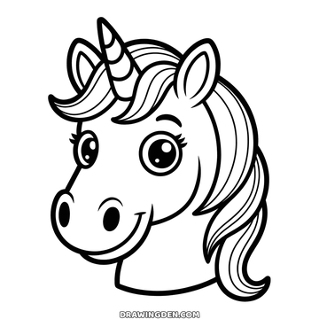 Free unicorn face coloring page to print, a close up portrait with large eyes and a swept mane