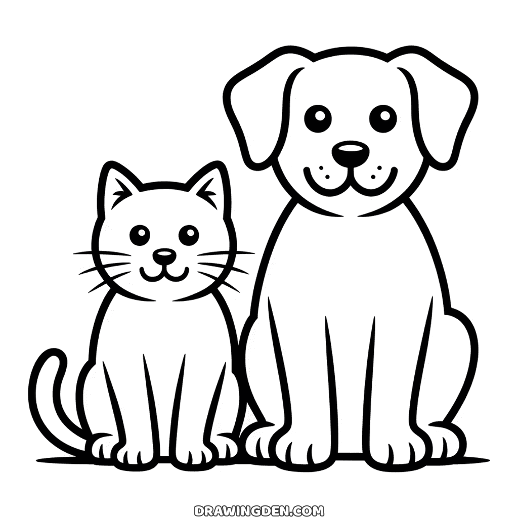 Cat and dog sitting side by side on the grass, the dog taller with floppy ears and the cat upright