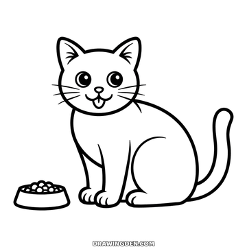 Cat coloring page: sitting sideways with its tail curled and a full food bowl in front