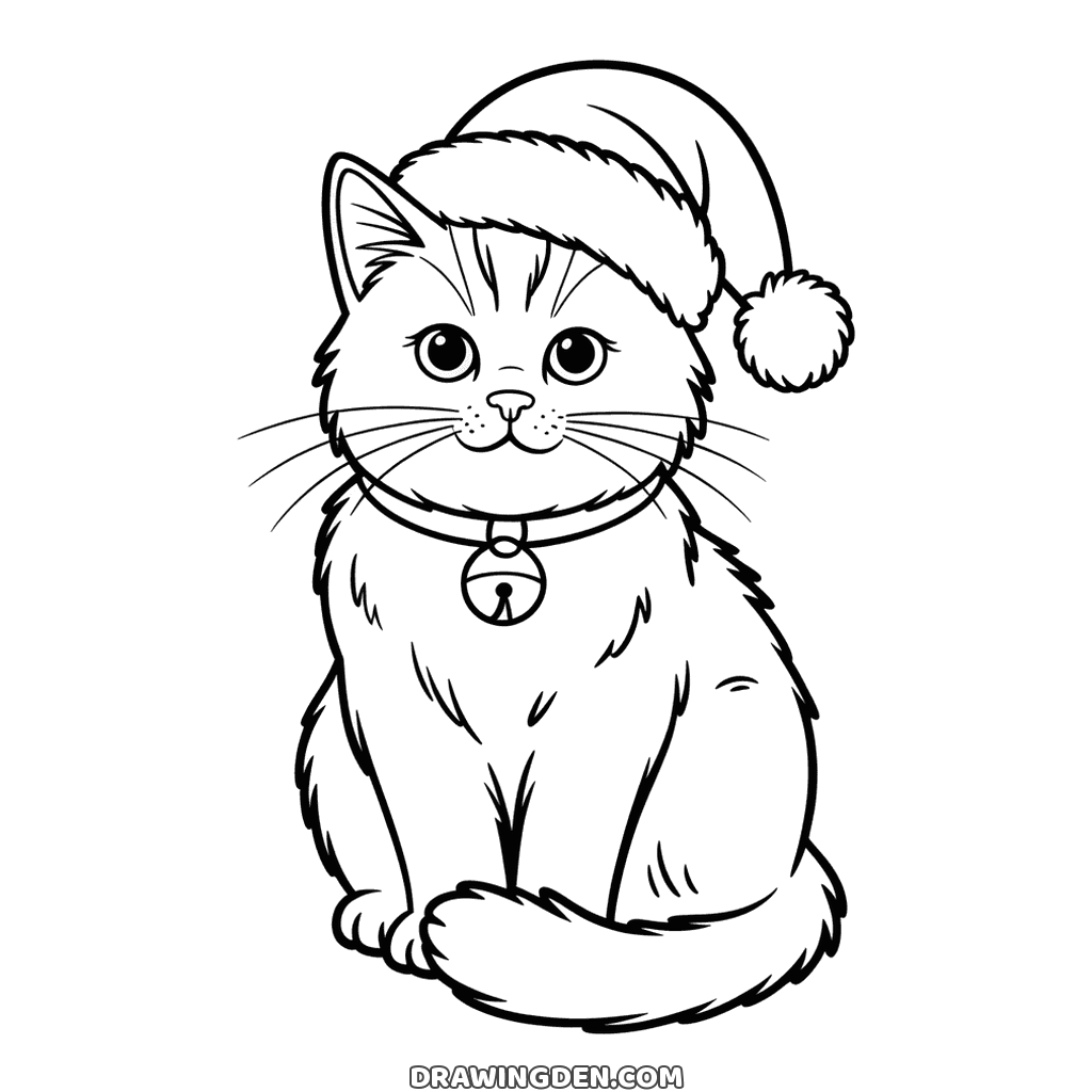 Fluffy cat sitting in a Christmas Santa hat with a bell on its collar, fur drawn in soft strokes