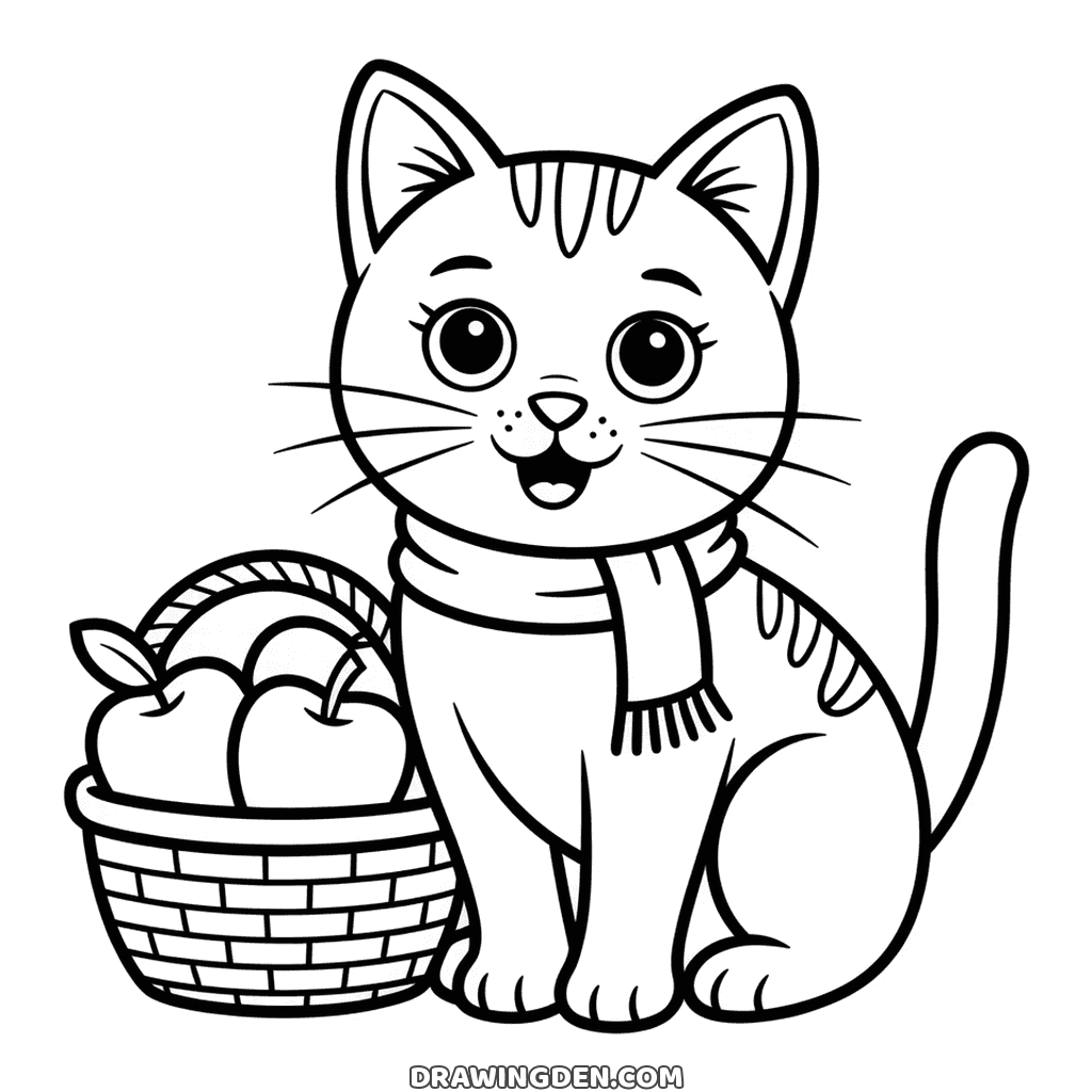 Tabby cat in a scarf sitting beside a small basket of apples, big eyes and a smile, autumn coloring page