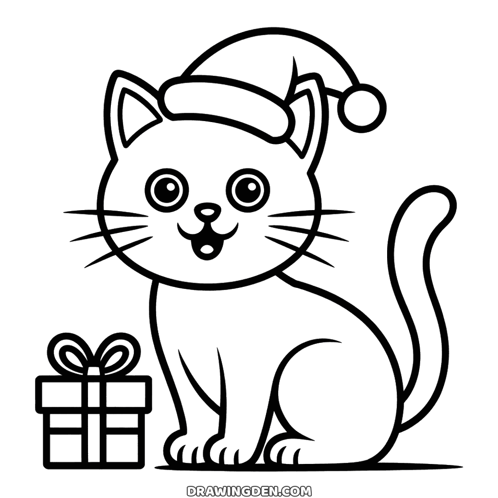 Christmas cat sitting upright in a Santa hat with its long tail curled up behind and a wrapped present beside it