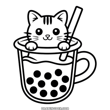 Cute cat in a boba cup with its paws over the rim and a straw, free cat coloring page