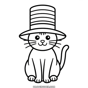 Simple drawing of a cat under a tall striped top hat with its tail curving to one side