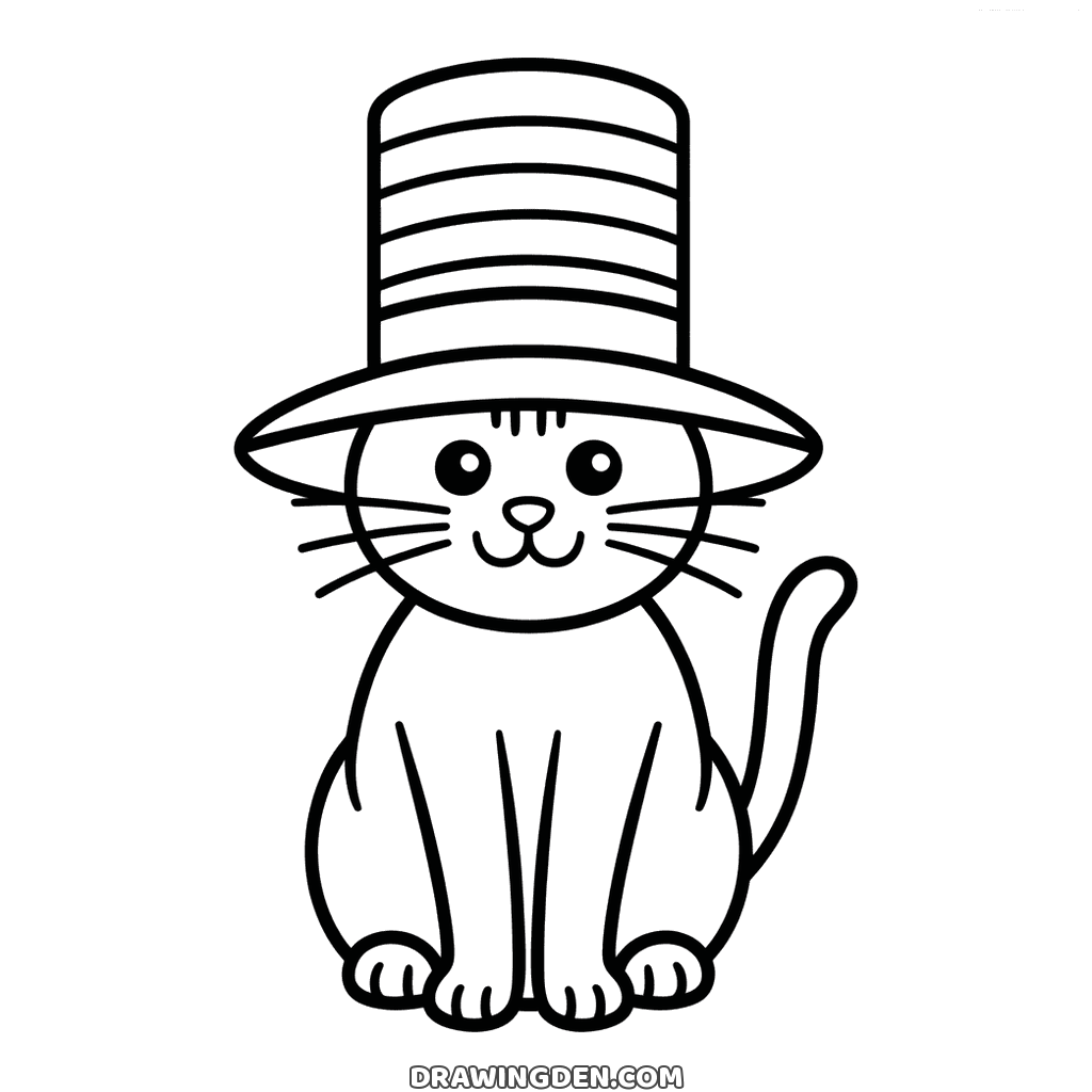 Simple drawing of a cat under a tall striped top hat with its tail curving to one side