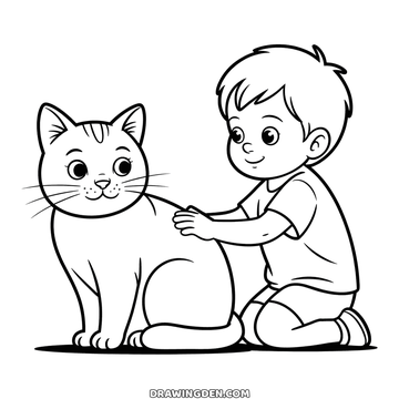 Child kneeling on the floor to stroke a cat beside them, two figures on one free printable sheet