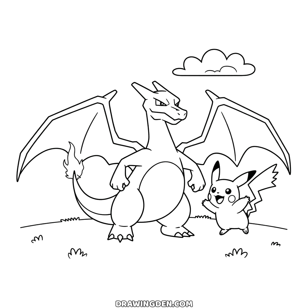 Pokémon Charizard standing on a grassy hill with his wings spread and a stern look, little Pikachu beside him with his arms open, a cloud in the sky