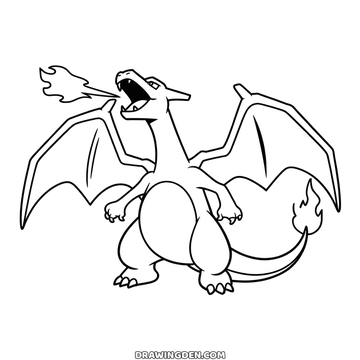 Charizard drawing with both wings spread and its head thrown up breathing a long jet of fire, detailed Pokémon page