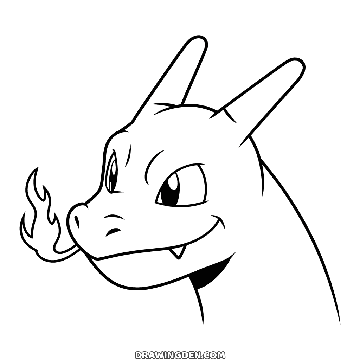 Pokémon Charizard kafası dörtte üç açıyla, boynuzları geriye yatık ve çenesinden küçük bir alev yalıyor, ücretsiz çizim