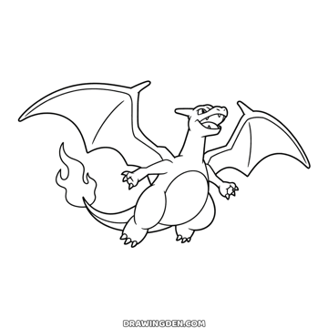 Pokémon Charizard flying with both wings spread wide, his mouth open, small arms out and the flame burning at the tip of his tail