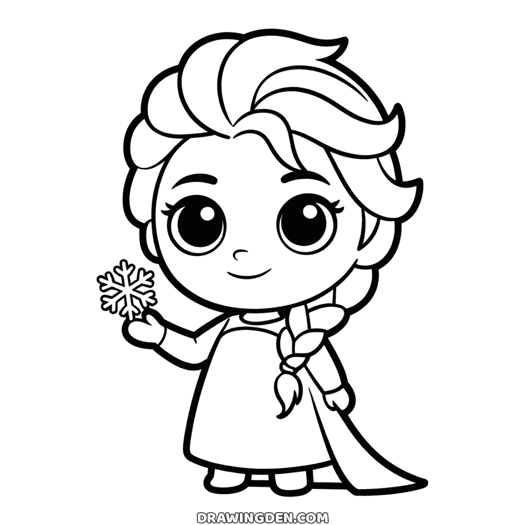 Chibi Elsa with a big round head and huge eyes, holding up a snowflake in one hand, easy Frozen drawing