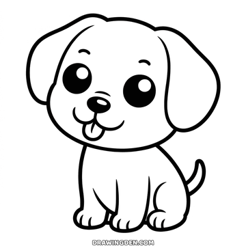 Chibi puppy dog drawing sitting with an oversized head, tiny body, tongue out and a curled tail behind