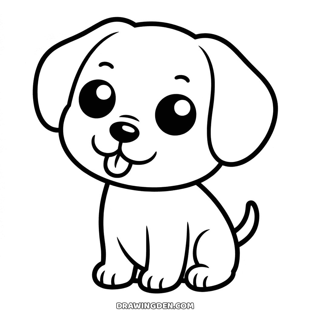 Chibi puppy dog drawing sitting with an oversized head, tiny body, tongue out and a curled tail behind