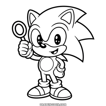 Chibi Sonic with a big head and sparkly eyes, smiling and holding up a ring in one gloved hand
