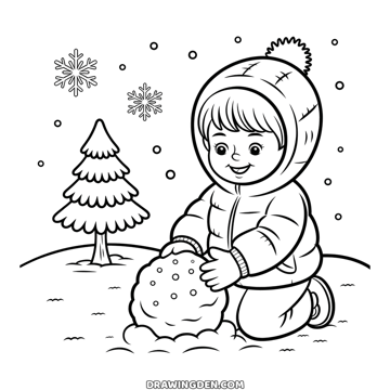 Child in a hooded puffy coat kneeling in the winter snow and rolling a big snowball, a pine tree behind