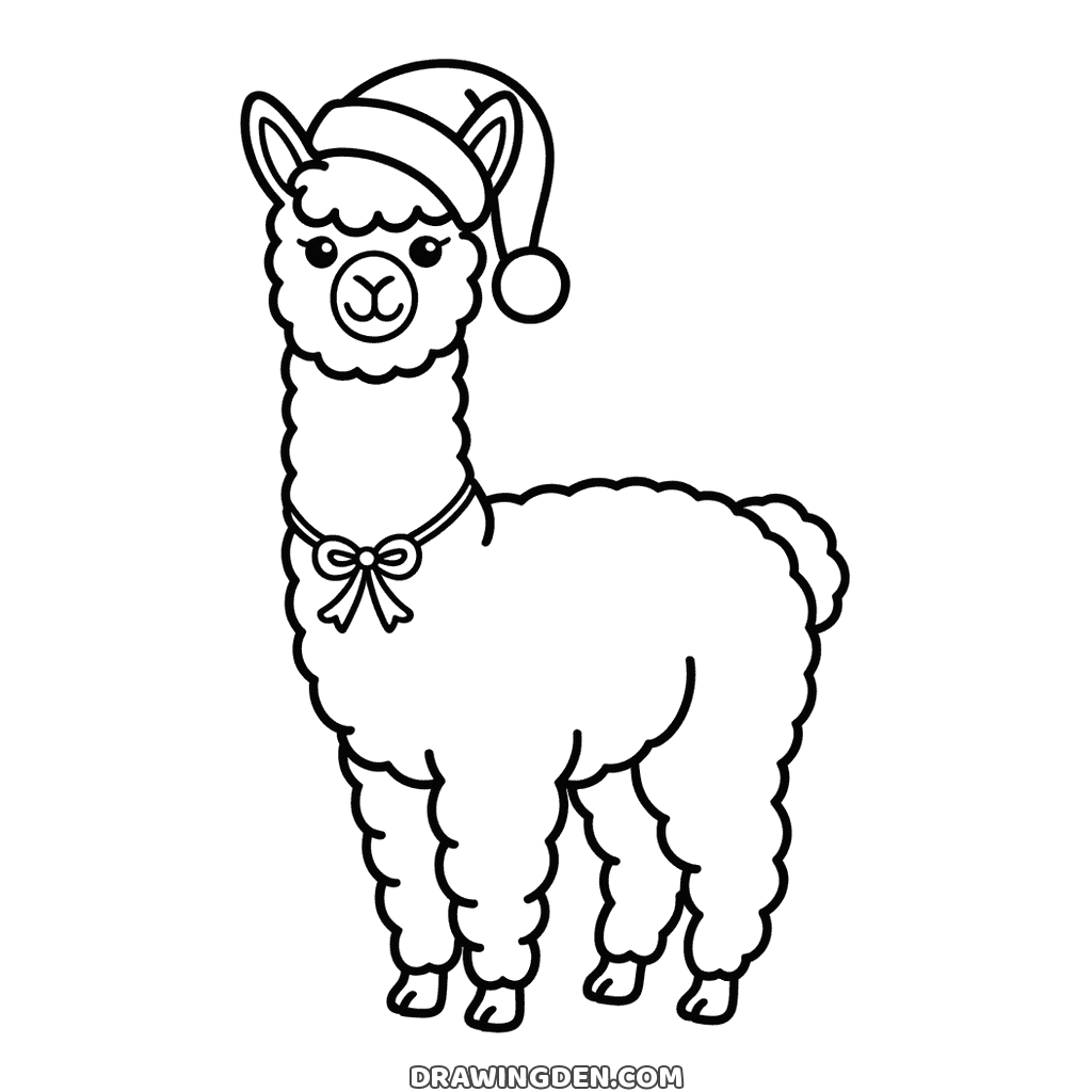 Fluffy Christmas alpaca standing in a Santa hat with a bow tied at its neck
