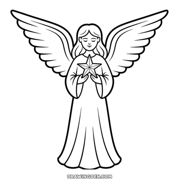 Detailed christmas angel drawing, both wings spread wide, a star held in both hands
