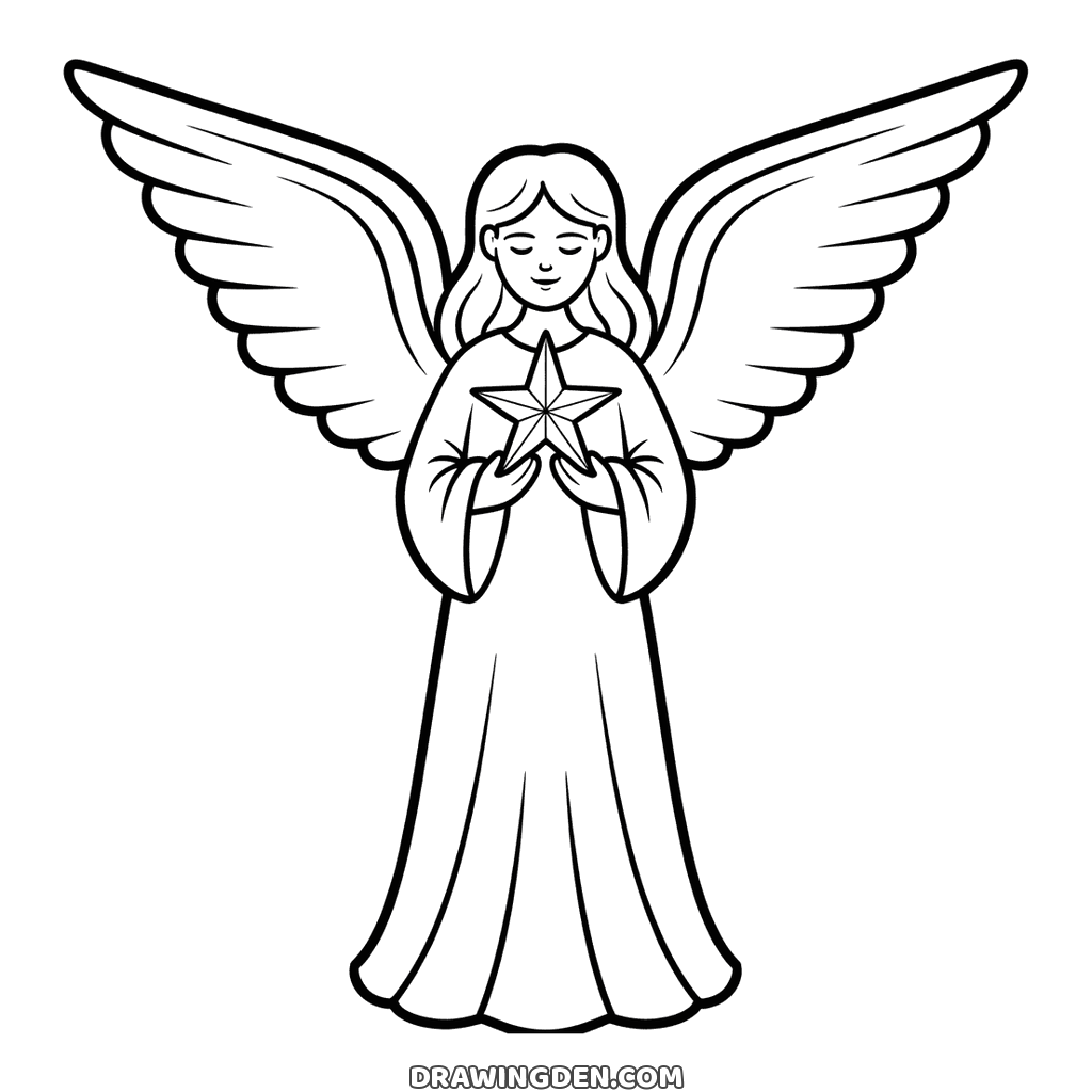 Detailed christmas angel drawing, both wings spread wide, a star held in both hands