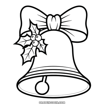 Christmas bell hanging under a large bow with holly leaves and berries at one side and the clapper showing