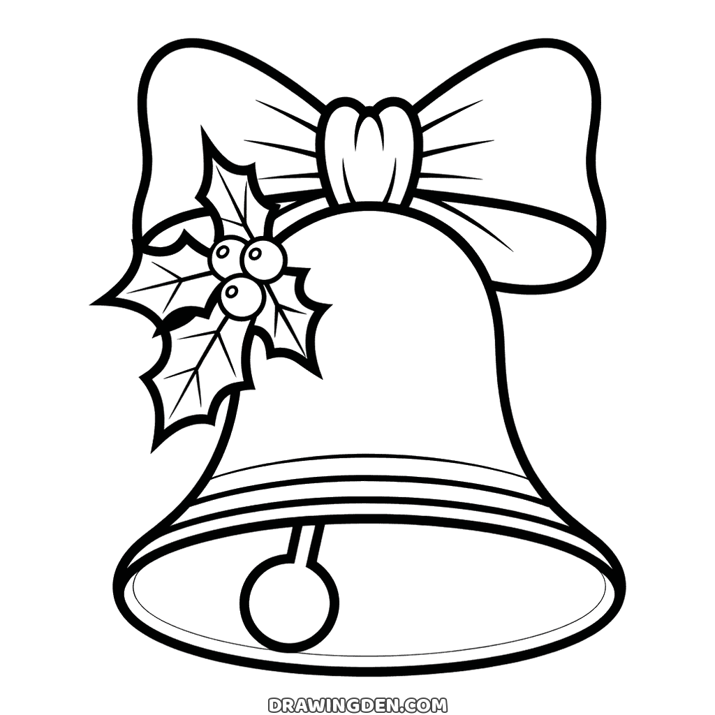 Christmas bell hanging under a large bow with holly leaves and berries at one side and the clapper showing