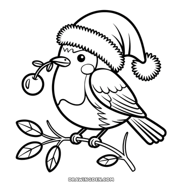 Robin on a leafy branch with mistletoe in its beak, printable christmas coloring page