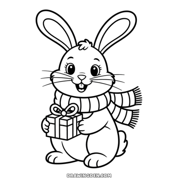 Christmas bunny rabbit standing in a long scarf and holding a small wrapped present