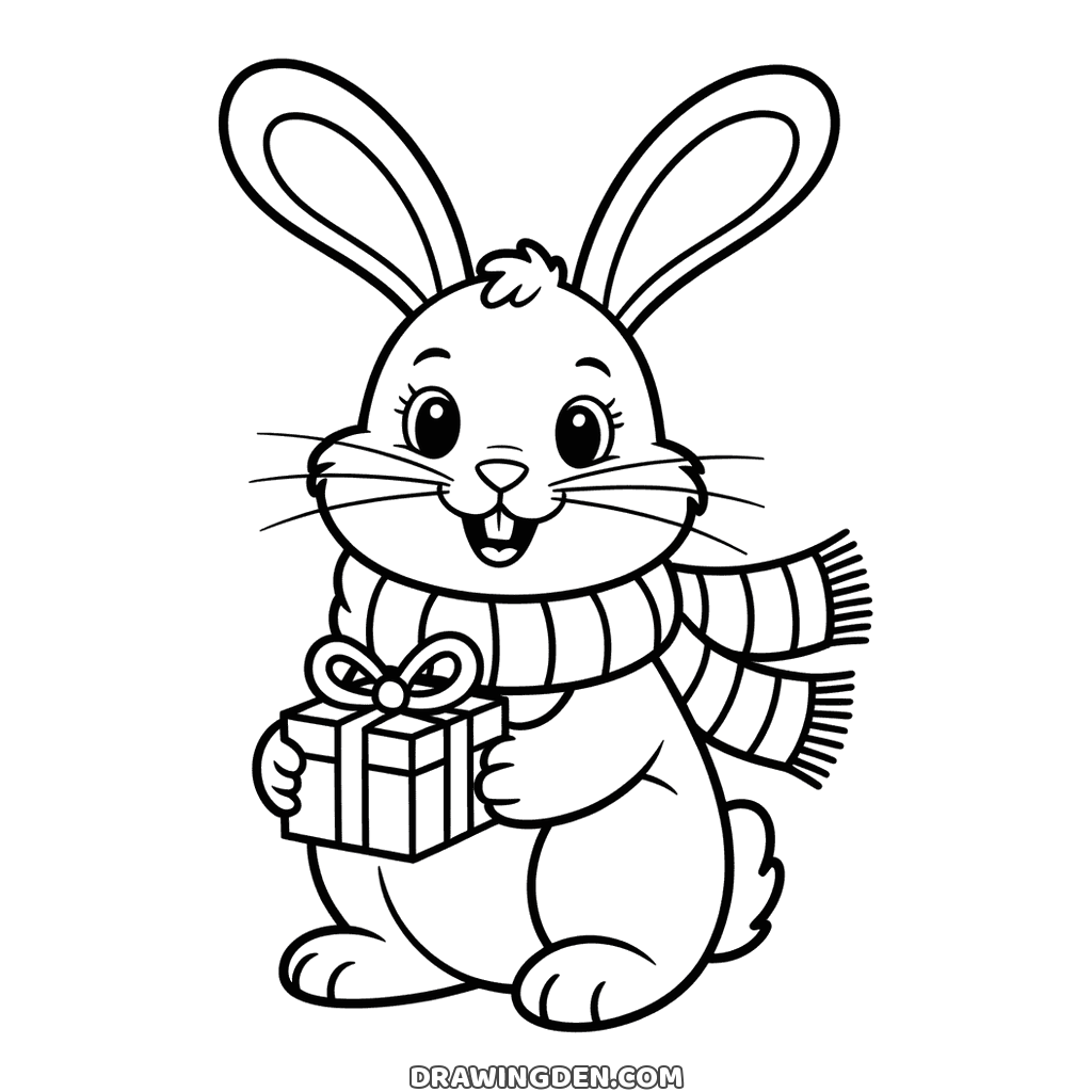 Christmas bunny rabbit standing in a long scarf and holding a small wrapped present