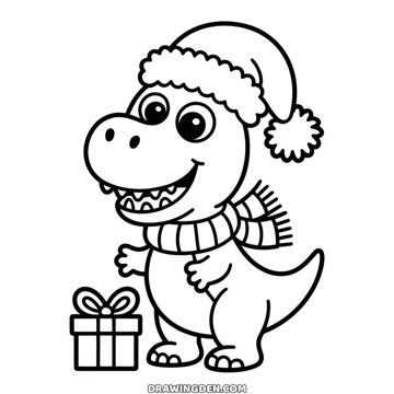 Cute Christmas dinosaur in a Santa hat and striped scarf, smiling with its teeth showing, a present at its feet