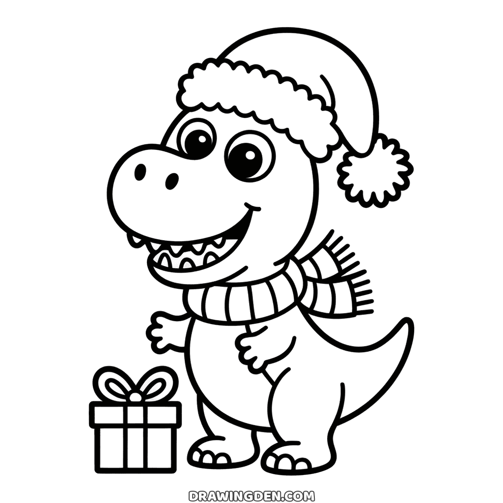 Cute Christmas dinosaur in a Santa hat and striped scarf, smiling with its teeth showing, a present at its feet