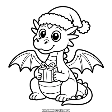 Cute christmas dragon drawing, santa hat on, wings spread, a wrapped present in its claws