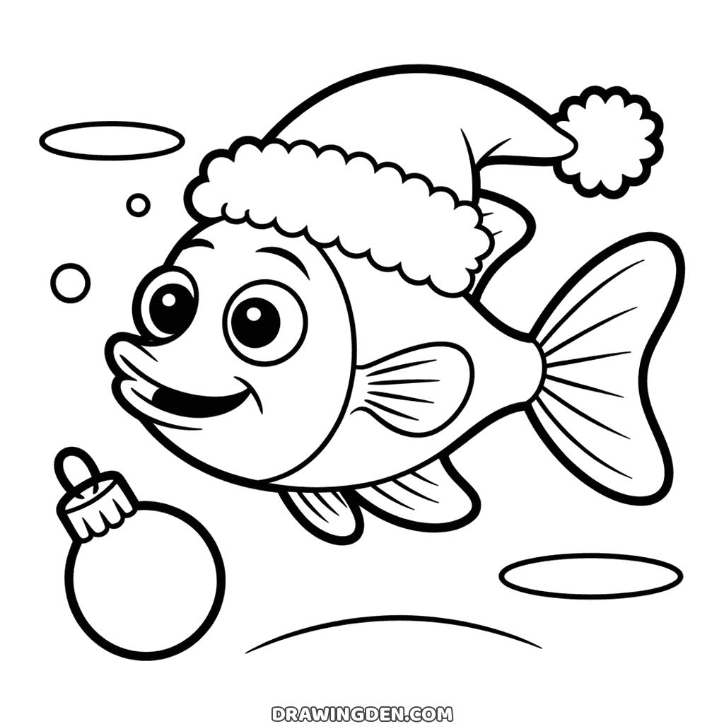 Smiling fish in a Christmas Santa hat swimming past a bauble, bubbles around it