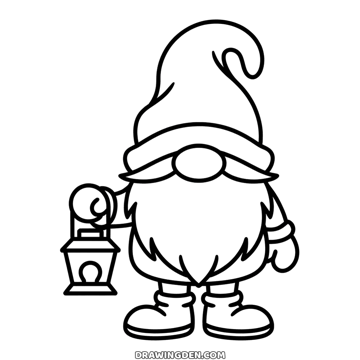 Christmas gnome with a tall bent hat over his eyes, a long white beard and a lantern in one hand