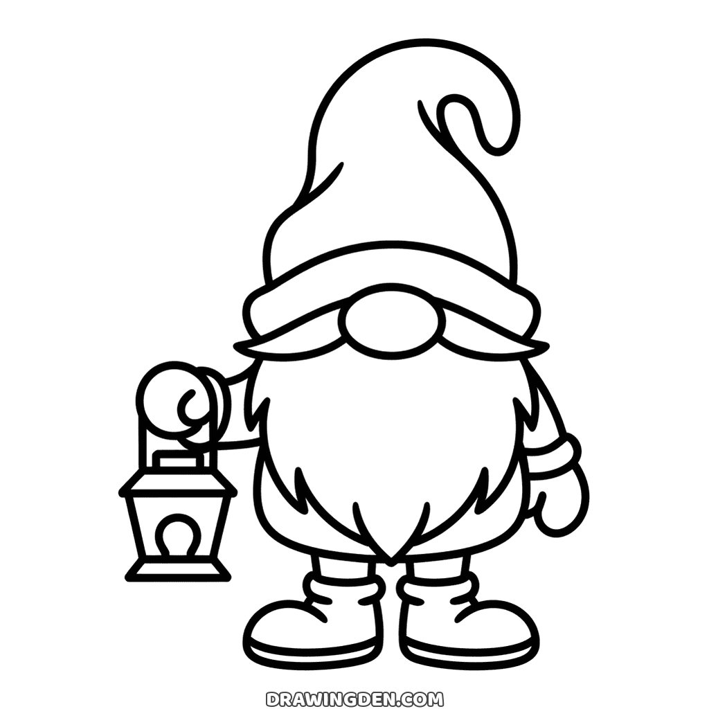 Christmas gnome with a tall bent hat over his eyes, a long white beard and a lantern in one hand