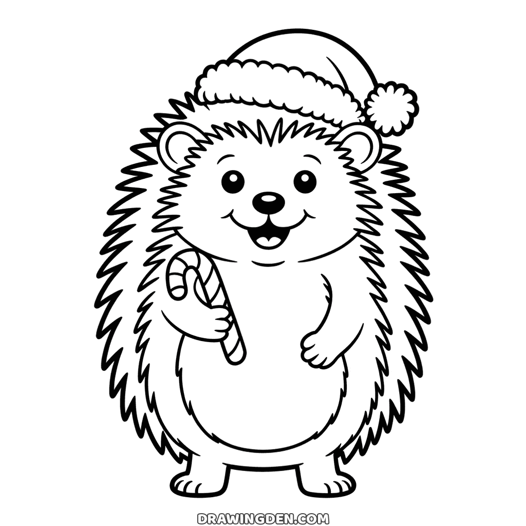 Erizo de Navidad cubierto de púas con gorro de Papá Noel abrazando un bastón de caramelo, dibujo detallado