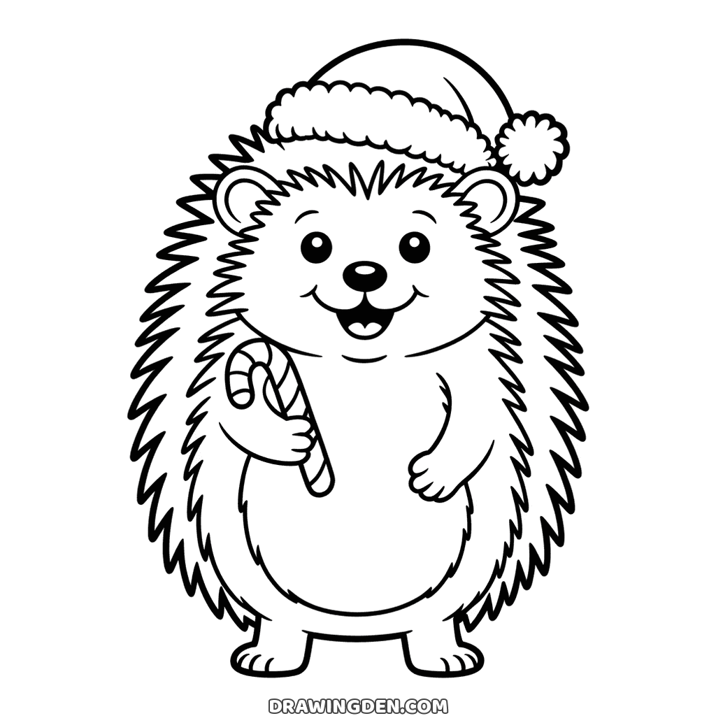 A hedgehog standing upright in a santa hat, its back and sides covered in short spines drawn one by one, holding a candy cane against its chest