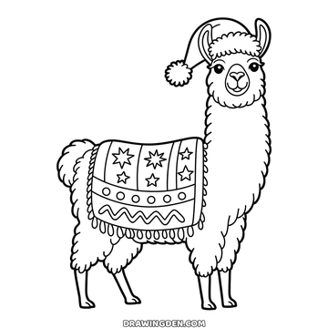 Llama in a tiny santa hat with a blanket patterned in rows of stars, christmas drawing