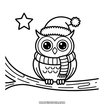 Cute christmas owl perched on a bare branch under a star, santa hat over one ear and a striped scarf, printable drawing