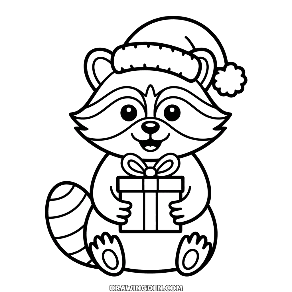 Christmas raccoon in a Santa hat holding a wrapped present, striped tail curled beside it